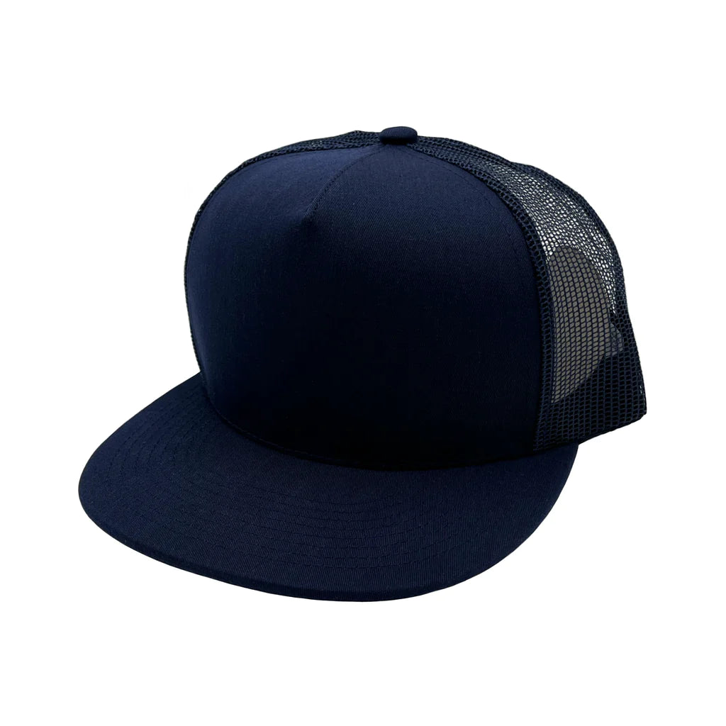 GNV-017M - 5 Panels Round Flat Bill Mesh Snapback Cap
